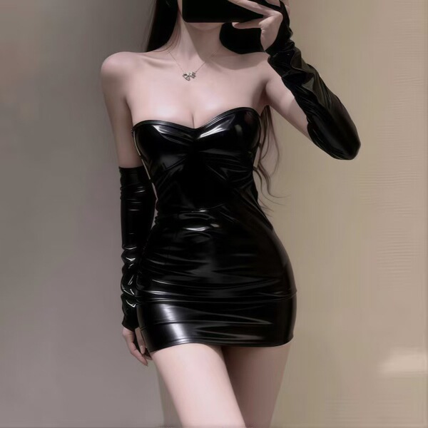 Gorgeous cloud lingerie set featuring a sexy black leather skirt outfit with thong cut-out design, perfect for nightclub cost...