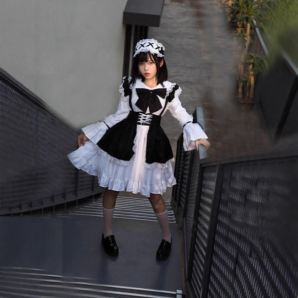Gothic lolita maid dress - black & white cute japanese style costume for halloween & cosplay, featuring ruffled sleeves and a...