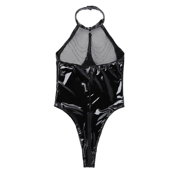 Gothic pvc bodysuit with mirror finish, open-crotch design, and cut-out bust for dark nightclub style.