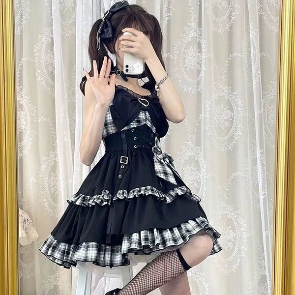 Gothic rock lolita strap dress featuring dark twin black and red plaid design with lace trimmings, perfect for edgy fashion e...
