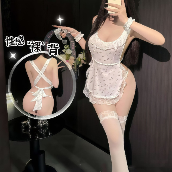 Sexy Lace Backless Maid Costume for Women – Seductive Sheer Apron Sleep Dress with Bare-Back & Cheeky Cutout - Grape Floral Maid Outfit [Apron + 2 Bracelets + Headwear + T-shirt]