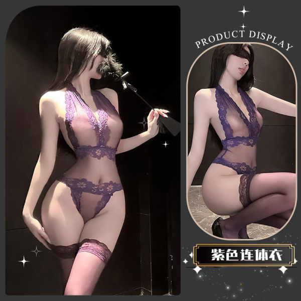 Seductive Lace Lingerie Set - Sexy Sheer Sleepwear with Removable Cups & Stockings, Adjustable Halter Bodysuit - Portuguese biscuits * Purple + black bodysuits