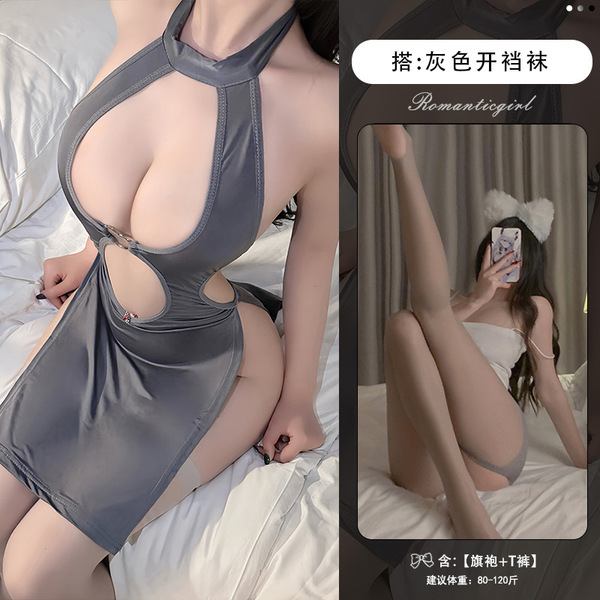 Sexy Lace Cheongsam Lingerie Set - Seductive Sheer Cut-Out Mother-Step Dress with Nursing Access, Elegant & Playful - High-grade gray + open crotch gray stockings