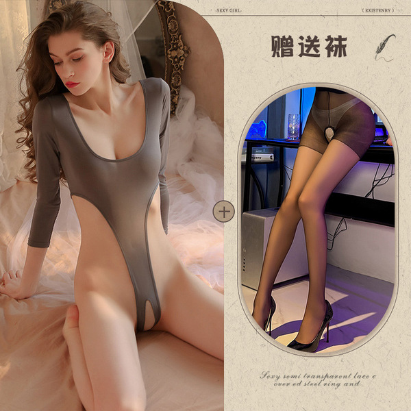 Mannye Qing Sensual Lingerie Set - Sheer Open-Crotch Sleepwear & Uniform-Inspired Bodysuit for Romantic Nights - Grey and black open-crotch socks
