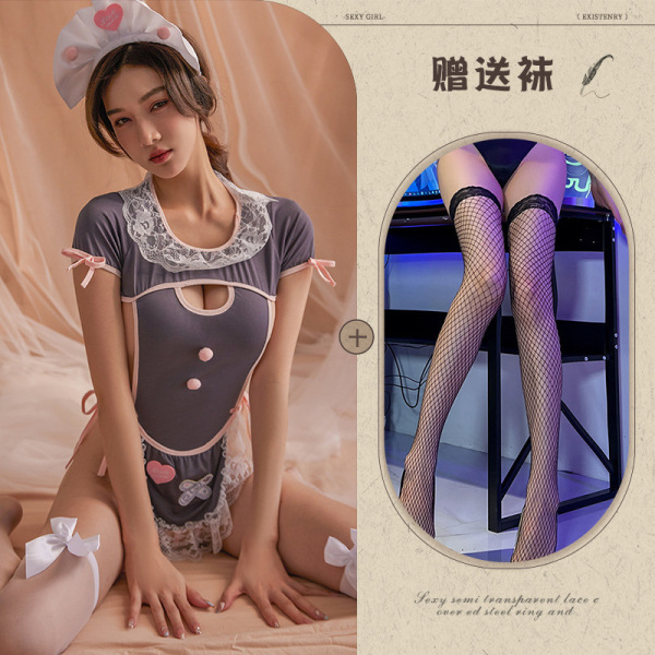 Rouxixue Sexy Maid Costume Set – Seductive Lace Bodysuit, Pure-Temptation Sleepwear with Open-Crotch Design - Gray suit + black fishnet stockings