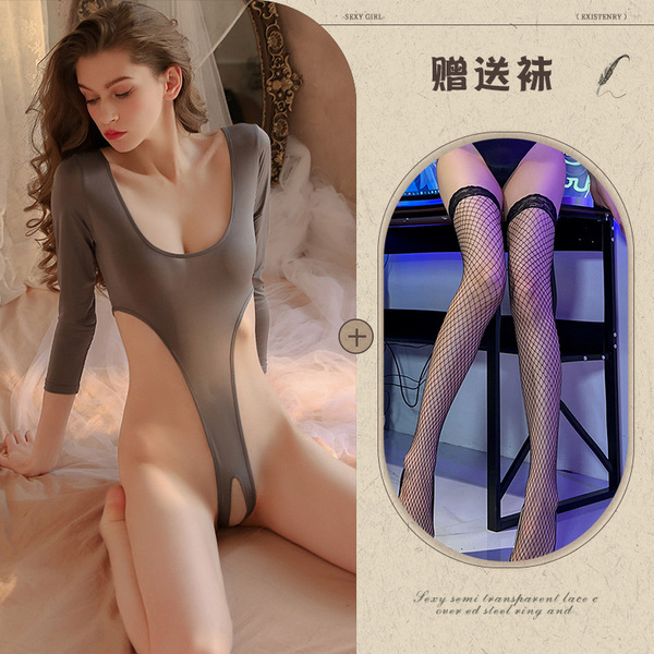 Qingran Sexy Lingerie Set - Sheer Passion Sleepwear Bodysuit with Open-Crotch Design, Pure Temptation Uniform Style - Gray and black fishnet stockings