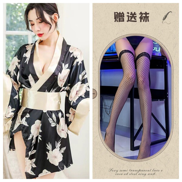 Japanese Geisha Sleepwear Set – Sexy Kimono Robe, Busty Bra & Ninja Cosplay Outfit for Women & Crossdressers - Gray and black fishnet stockings