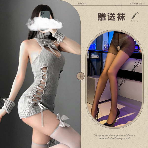 Qingran Sexy High-Neck Backless Lace Knit Lingerie Set – Seductive Hollow Mesh Outfit for Women - Grey and black open-crotch socks