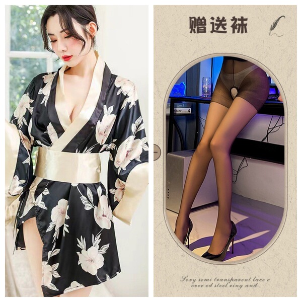 Japanese Geisha Sleepwear Set – Sexy Kimono Robe, Busty Bra & Ninja Cosplay Outfit for Women & Crossdressers - Grey and black open-crotch socks