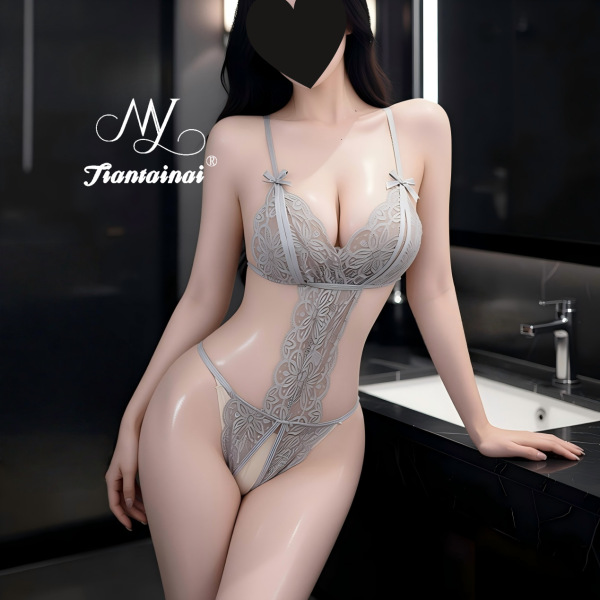 Seductive Lace Bodysuit Set - Sexy Backless & Cut-Out Sleepwear for Women, Romantic Lingerie Ensemble - Gray + Black Stockings