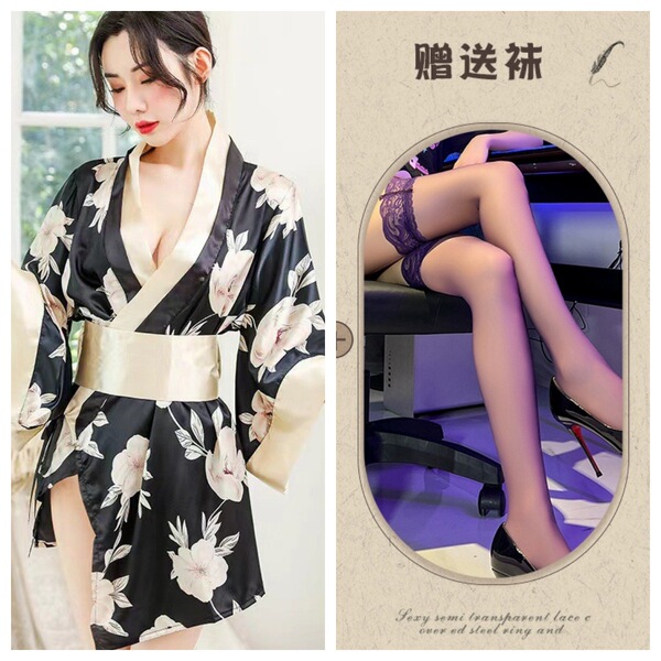 Japanese Geisha Sleepwear Set – Sexy Kimono Robe, Busty Bra & Ninja Cosplay Outfit for Women & Crossdressers - Gray and black stockings