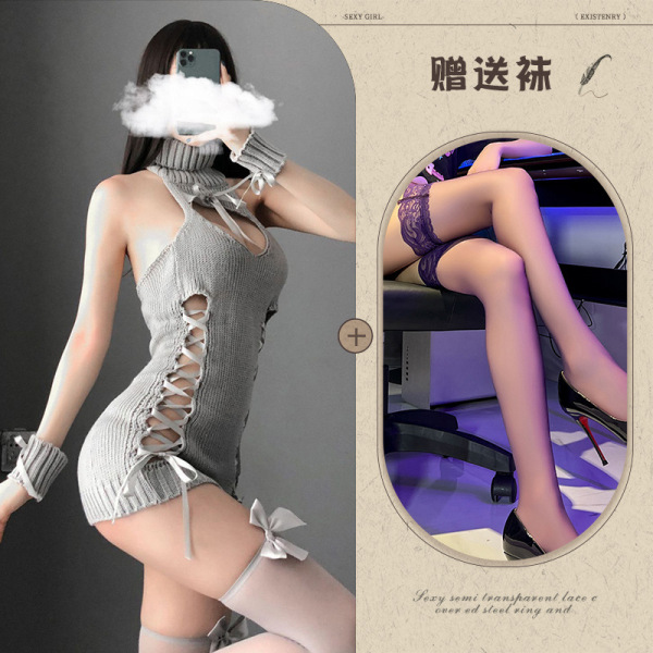 Qingran Sexy High-Neck Backless Lace Knit Lingerie Set – Seductive Hollow Mesh Outfit for Women - Gray + Black Stockings