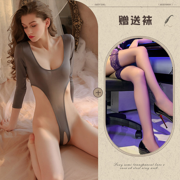 Qingran Sexy Lingerie Set - Sheer Passion Sleepwear Bodysuit with Open-Crotch Design, Pure Temptation Uniform Style - Gray + Black Stockings