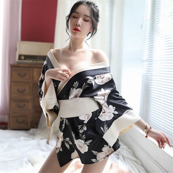 Japanese Kimono-Style Lingerie Set - Sexy & Playful Cosplay Outfit for Women - Gray + Black Stockings