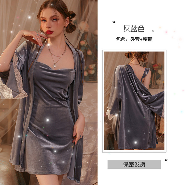 Pure Temptation Lingerie Set – Sexy Sleepwear Dress with Ruched Hip Detail, Lazy Princess Style Nightgown - Gray-blue coat + belt