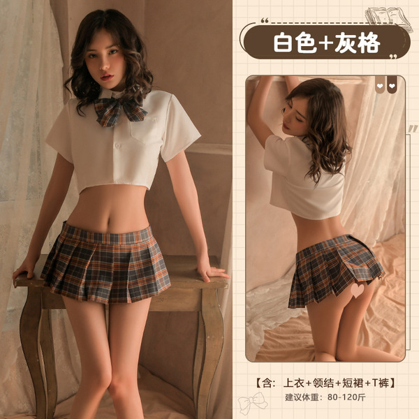 Hot JK Uniform Lingerie Set for Women – Sexy Student-Style Pleated Skirt Role Play Outfit - Gray plaid suit