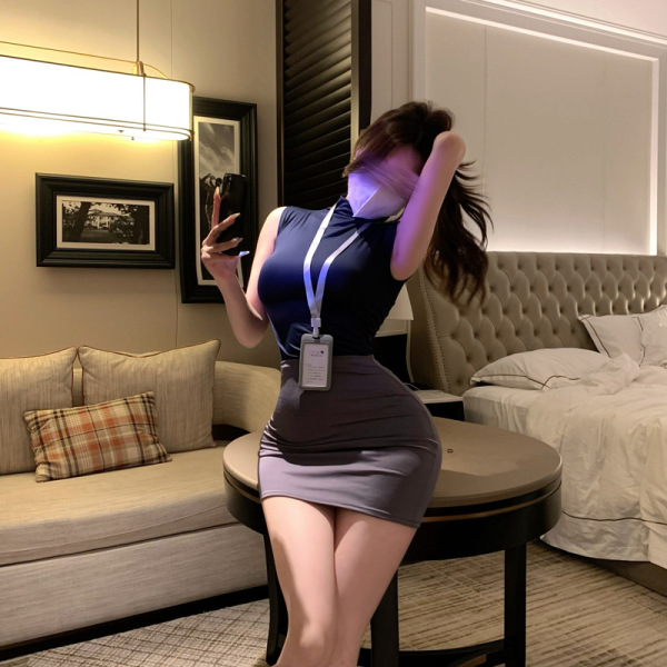 Pure & Seductive Lingerie Set - Secretary Style Bodycon Outfit for Flirty, Confident Nights - Gray [Includes: Top + Skirt + Name Tag + Underwear]