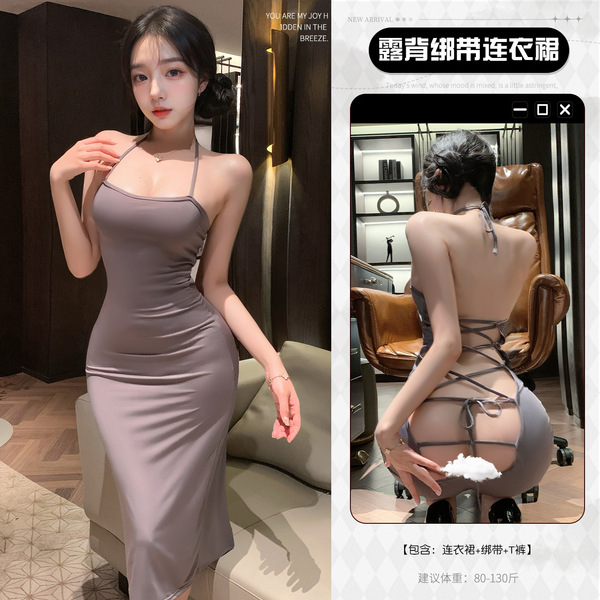 Manyan Seductive Lace Bodysuit Dress - Tight Cross-Strap Backless Mini Dress for Mature Women - 6921183331689 Gray [Dress + Tie-up + T-shirt]