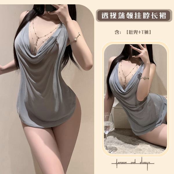 Luminous Gold Lace Bodysuit - Sheer Mesh Halter Sleep Dress with Flirty Deep V-Neck & Body-Conscious Fit - Gray-green [Short skirt + T-shirt]