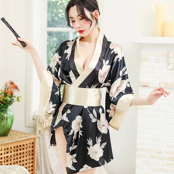 Japanese Geisha Sleepwear Set – Sexy Kimono Robe, Busty Bra & Ninja Cosplay Outfit for Women & Crossdressers - Gray (kimono set + underwear)