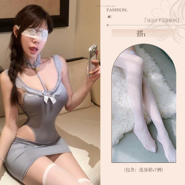 Pure & Seductive Lace Bodysuit - Sexy Q-QNY Style High-Waisted Bodycon Skirt Set for Women - Gray bodysuit + pencil skirt + white stockings