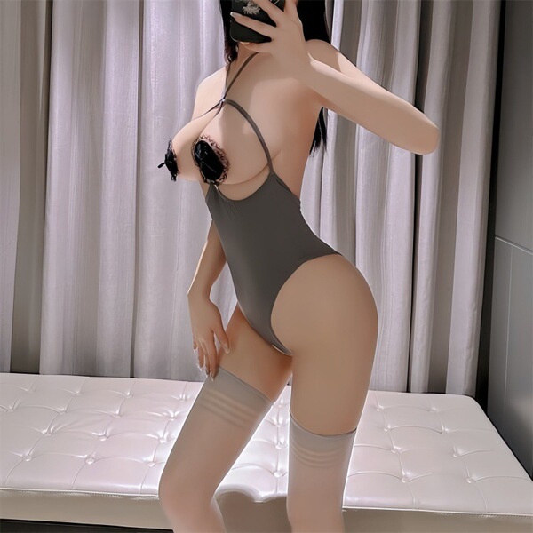 Sexy Lace Bodysuit for Women - Seductive Open-Crotch Sleepwear & Bedroom Outfit Set - Gray + Lace Nipple Covers