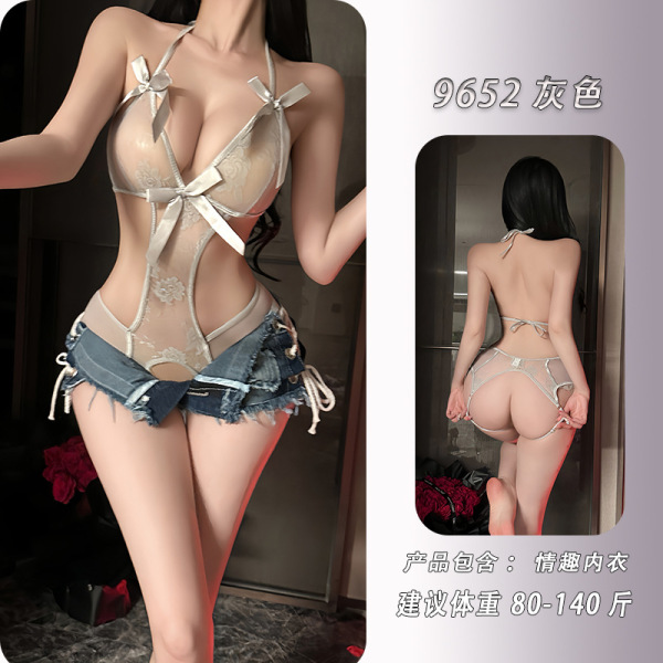 Night-Silk Sensual Lace Open-Crotch Bodysuit – French-Inspired Pure-Yet-Alluring Erotic Lingerie - grey