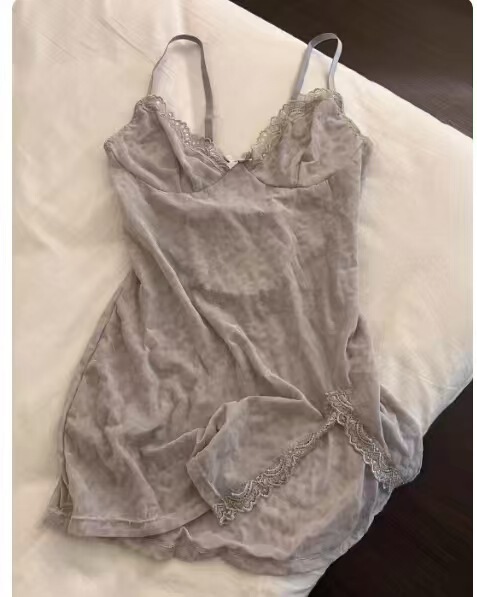 Pink Leopard Lace Sheer Chemise Set with Thong - Sexy Women's Lingerie Sleepwear - grey