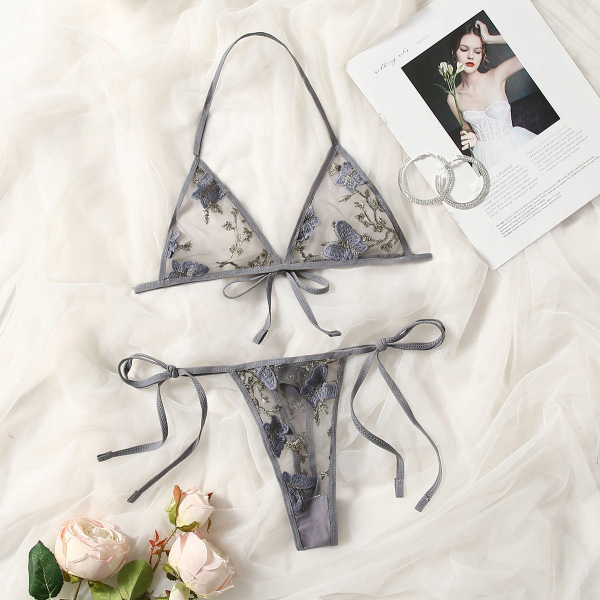 Lace Bra and Thong Set - 3-Piece Floral Embroidered Sexy Lingerie for Women, Elegant Bridal & Vacation Underwear - grey