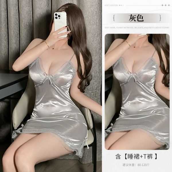 Seductive Lace Sleep Dress - Sheer Thin Sexy Lingerie for Date Night, No-Remove Design - grey