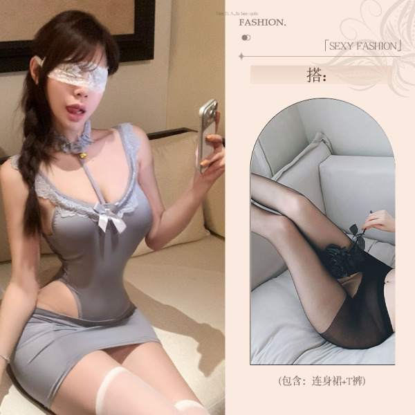 Pure & Seductive Lace Bodysuit - Sexy Q-QNY Style High-Waisted Bodycon Skirt Set for Women - Gray bodysuit + pencil skirt + black open-crotch stockings