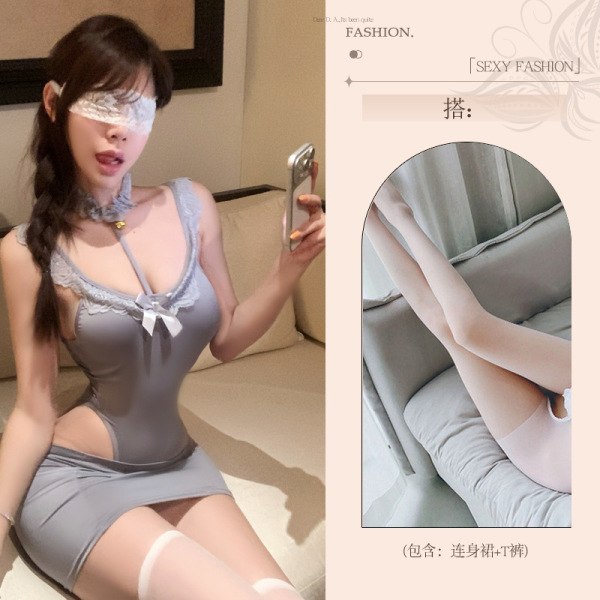 Pure & Seductive Lace Bodysuit - Sexy Q-QNY Style High-Waisted Bodycon Skirt Set for Women - Gray bodysuit + pencil skirt + white open-crotch stockings