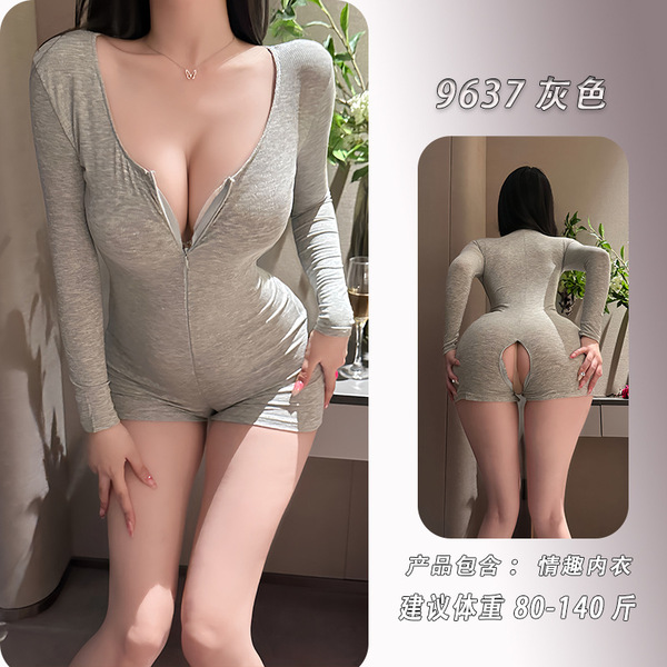 NightSigh NightSeduction Sexy Lace Lingerie Set with Built-in Pads – Yoga Bra & Open-Crotch Outfit for Stylish Wear - gray jumpsuit