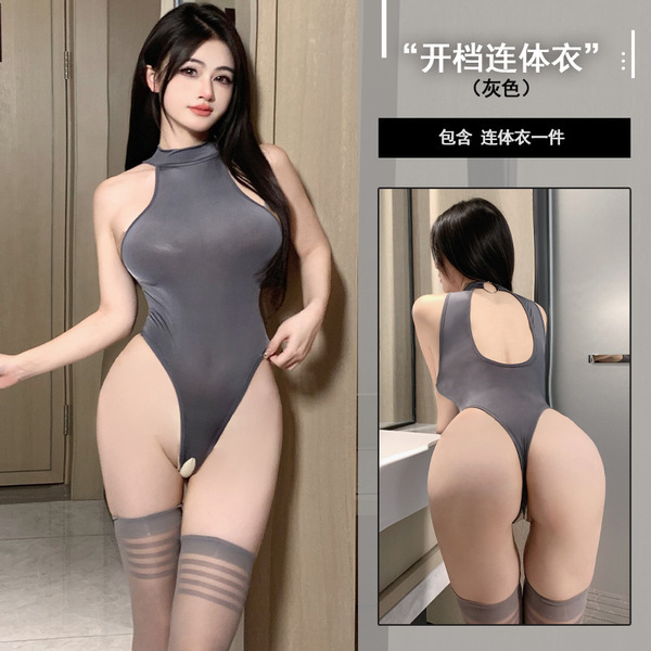 Women's Seductive Ice Silk Bodysuit Sleepwear - Open-Crotch Tight-Fit Black Sheer Camisole Romper - gray jumpsuit