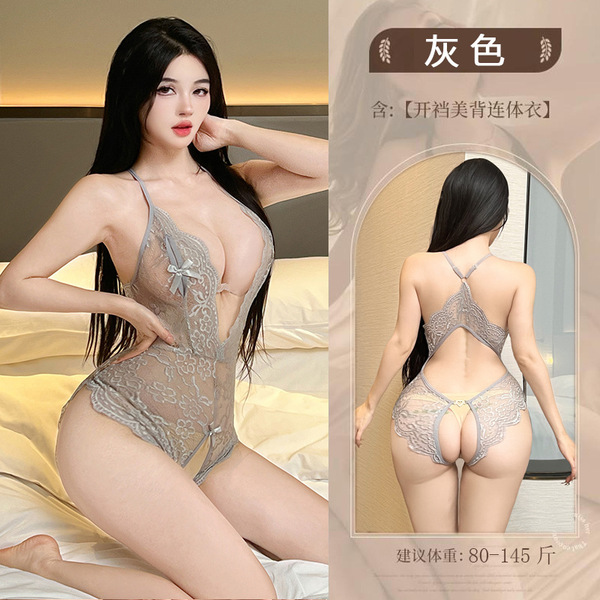 Lace Seductive Bodysuit for Women - Backless Open-Crotch Erotic Lingerie, Sexy European Style - Grey bodysuit + black fishnet stockings