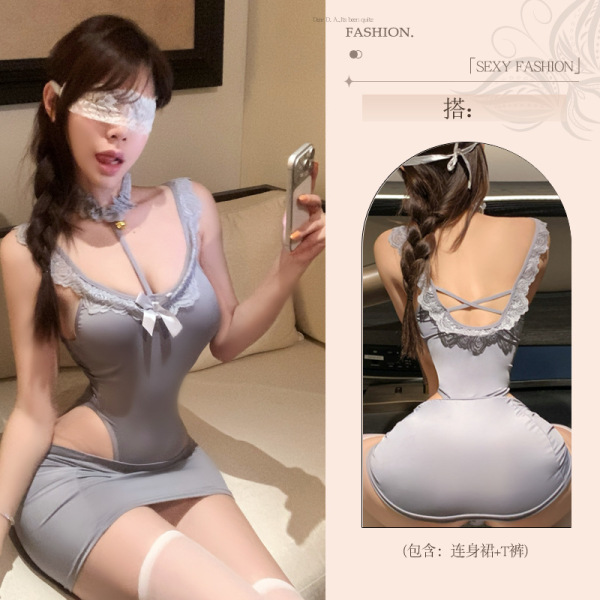 Pure & Seductive Lace Bodysuit - Sexy Q-QNY Style High-Waisted Bodycon Skirt Set for Women - Gray suit [includes bodysuit + bodycon mini skirt]