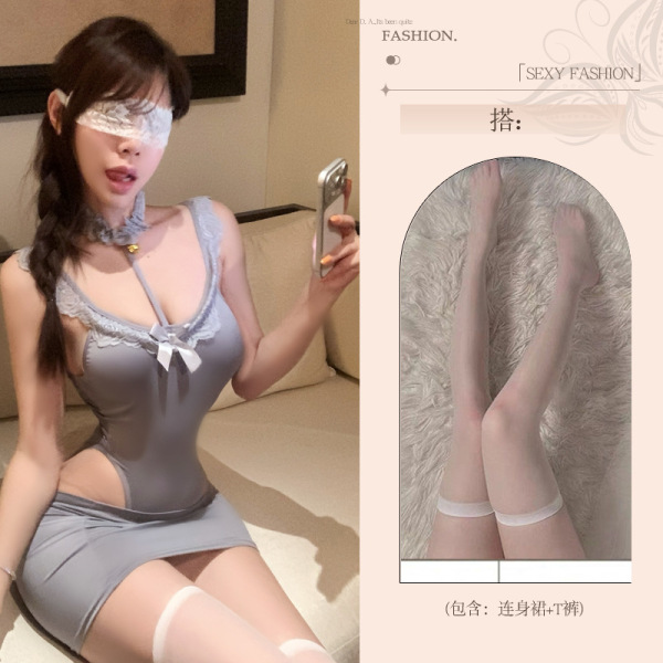 Pure & Seductive Lace Bodysuit - Sexy Q-QNY Style High-Waisted Bodycon Skirt Set for Women - Gray [bodysuit + pencil skirt] + matching stockings