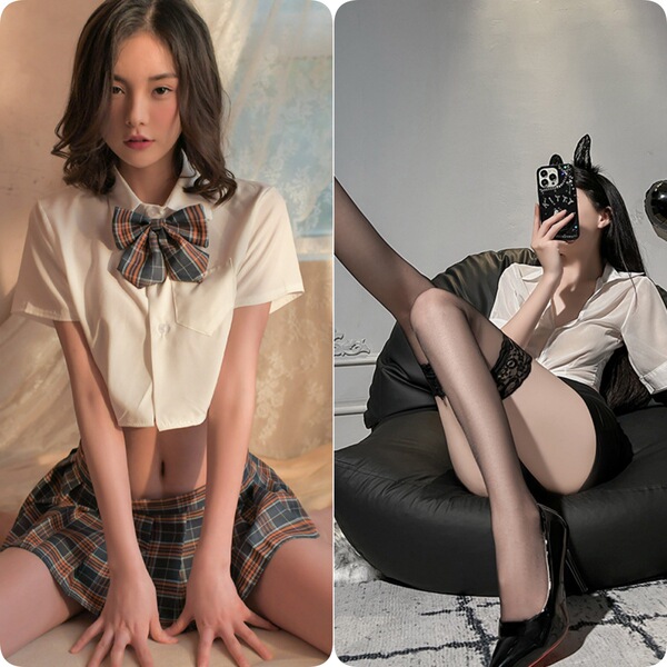 Sexy Student Uniform Lingerie Set – JK Style Sailor Skirt & Bodycon Outfit for Role Play & Cosplay - Gray + Over-the-Knee Black Stockings