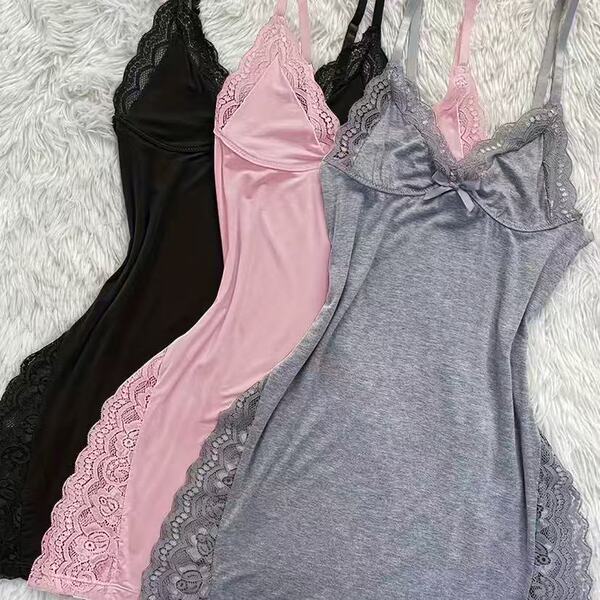 Butterfly Knot Split Slit Cami Sleep Dress – Sexy Lingerie-Inspired Pure & Tempting Nightwear for Women - Gray + Pink + Black