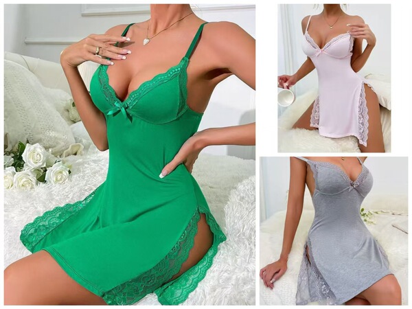 Butterfly Knot Split Slit Cami Sleep Dress – Sexy Lingerie-Inspired Pure & Tempting Nightwear for Women - Gray + Pink + Green