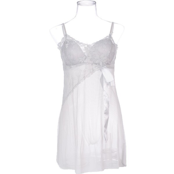 Seductive Lace Sheer Chemise with Built-in Pads - Modest Yet Sexy Sleepwear for Women - Light gray (for privacy protection)