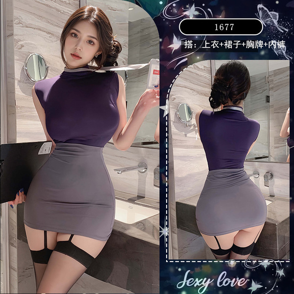 Sexy Secretary Costume Outfit - Plus Size OL Office Role Play Dress, Pure Temptation Tight Fit Mommy Style Skirt - Grayish-purple [Top + Skirt + Name Tag + Thong]