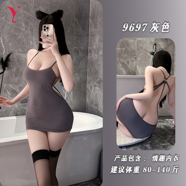 Night-Ser Night-Sex Lingerie Set - Seductive Backless Sleepwear & Couple's Costume Outfit for Passionate Nights - Gray + matching stockings