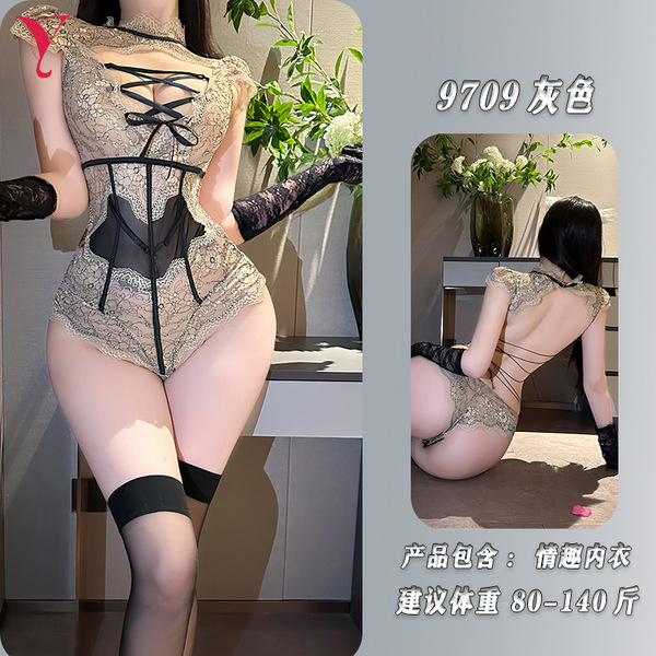 Night Silk Sensual Lace Bodysuit - Sexy Backless Cutout Outfit with Adjustable Straps - Gray color + matching stockings + matching gloves