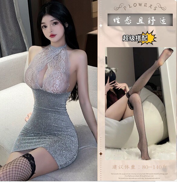 QQNY Seductive Maid Costume Lingerie Set – Tempting Forbidden-Style Sleepwear for Women, No-Remove Design - Gray and silver suit + black fishnet stockings