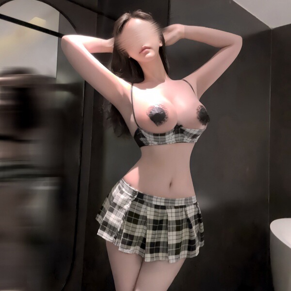 Plus Size Plaid Uniform Lingerie Set – Sexy Pleated Skirt Student Style Matching Sleepwear with Push-Up Design - Gray [top + skirt + thong] + matching nipple covers