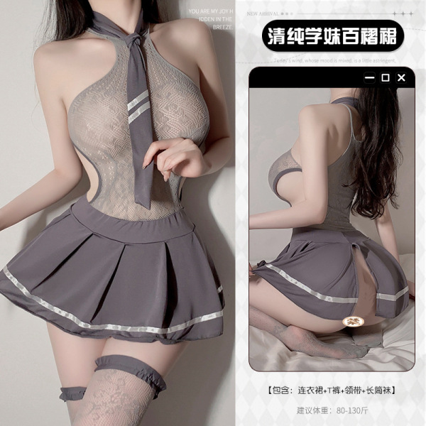 Mannyan Sexy Lingerie Set for Women – Sweet & Edgy JK Uniform Skirt + Mesh Bodysuit Outfit - Grey slit dress + thong + tie + stockings