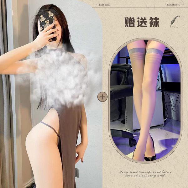 Qingran Sexy High-Slit Long Dress Robe - Backless Chinese-Inspired Lingerie Sleepwear for Role Play & Date Night - Gray + striped stockings gray