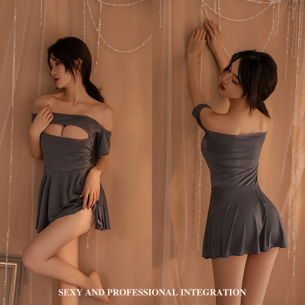 Qingran Sexy Lace Sleepwear Set - Seductive Sheer Nightgown & Uniform-Inspired Lingerie Outfit, Pure Temptation Ensemble - Gray striped stockings