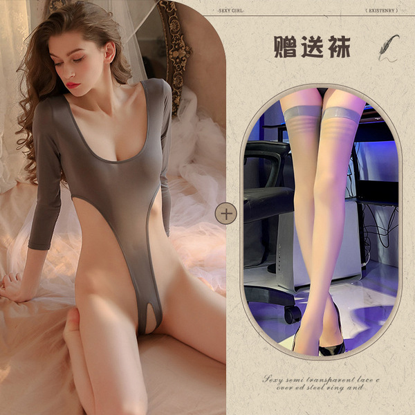 Qingran Sexy Lingerie Set - Sheer Passion Sleepwear Bodysuit with Open-Crotch Design, Pure Temptation Uniform Style - Gray striped stockings